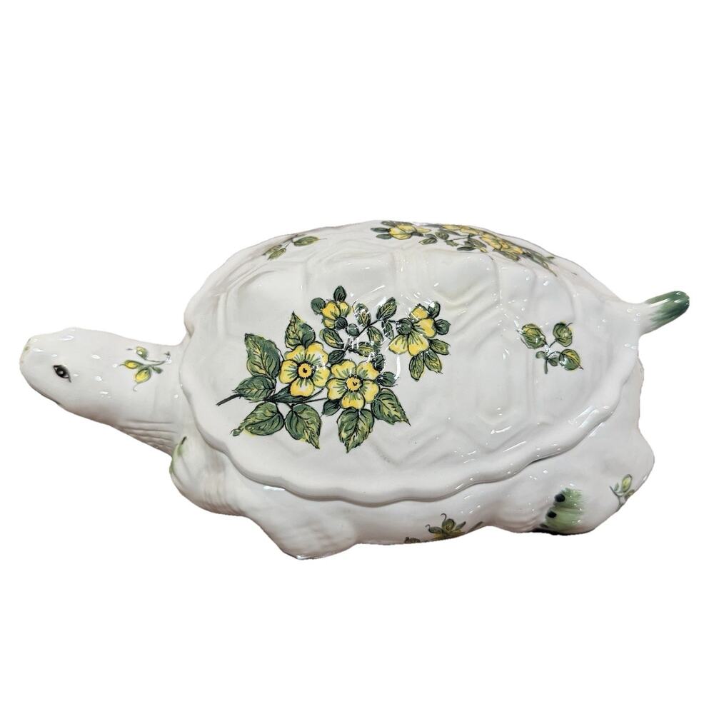 Vintage Ceramic Turtle Covered Dish-Hand Painted Floral Trinket Box Cottage core - Picture 3 of 12
